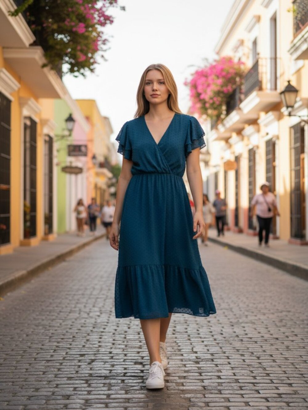 BTFBM boho teal feminine maxi faux wrap ruffle dress